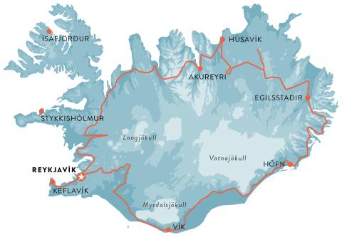 Map of Iceland full circle, self drive tour around Iceland in 8 days.