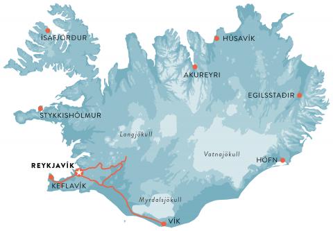 Map of south coast and Reykjavik, 6-8 days Iceland escorted tour.