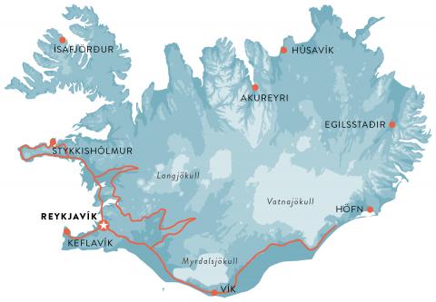 Map of west and south Iceland, 8 days self drive tour in Iceland.